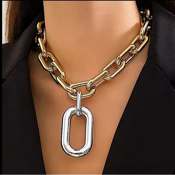 Gold Exaggerated Multilayer Statement Necklace Bicolor O Link Toggle - Picture 2 of 7